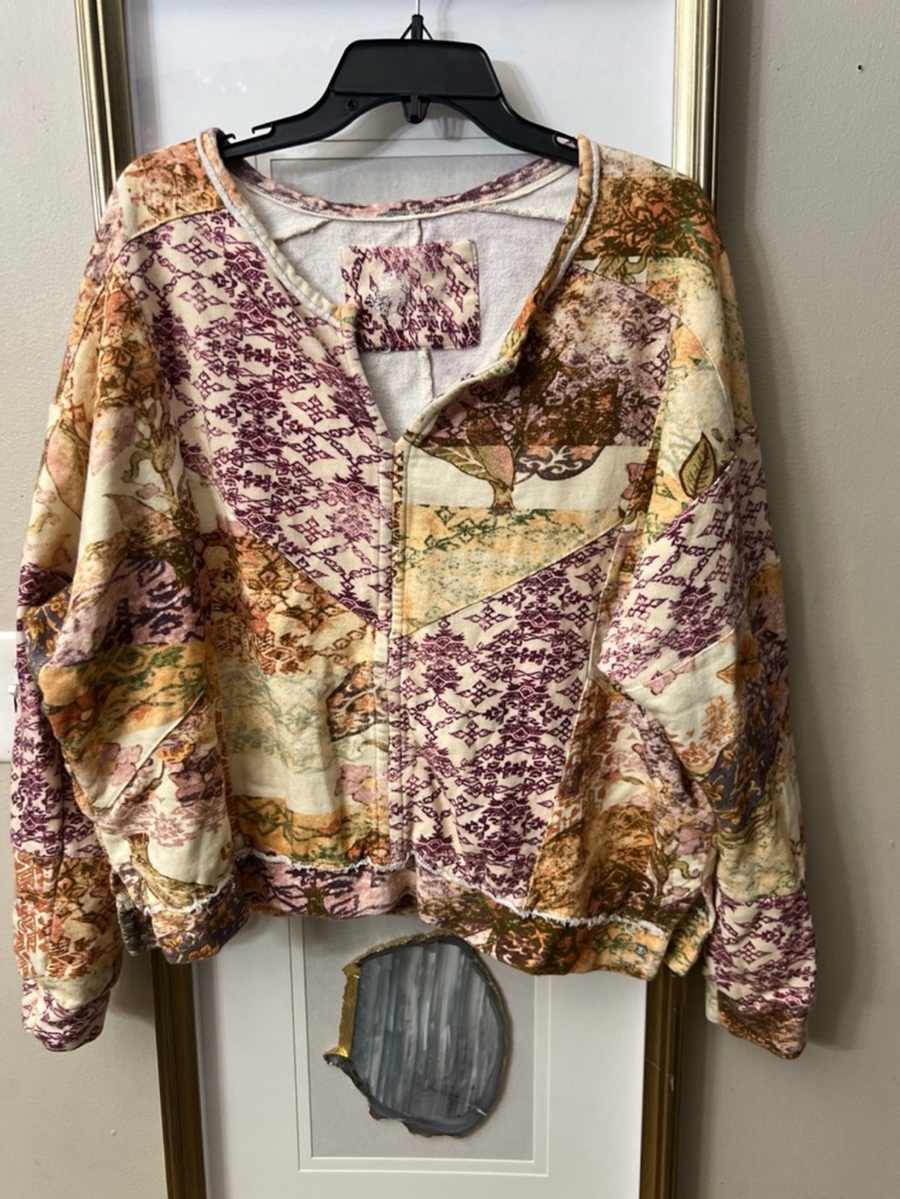Anthropologie Pilcro Patchwork Oversized Boho Split Neck Sweatshirt Size L/XL